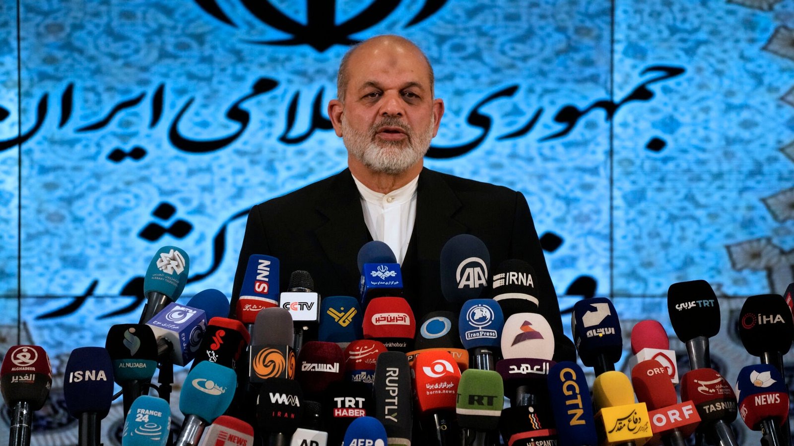 Iranian Interior Minister Ahmad Vahidi briefs the media on Friday's elections, in Tehran, Iran, Monday, March 4, 2024. While praising Iranians for withstanding "bad weather and continuous propaganda by the enemy," Vahidi said the vote saw 25 million ballots cast — a turnout of just under 41%. The lowest previous came in the last parliamentary election in 2020, which saw a 42% turnout.(AP Photo/Vahid Salemi)